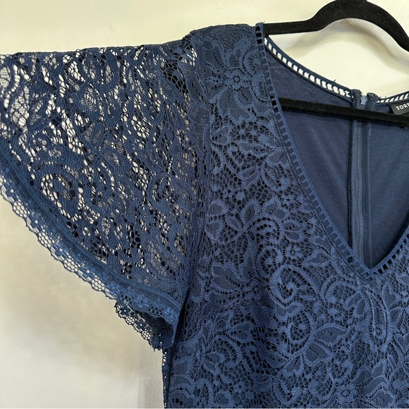 Navy Blue Lace V Neck Short Sleeve Fitted Dress Lined Size 14 - Picture 3 of 8